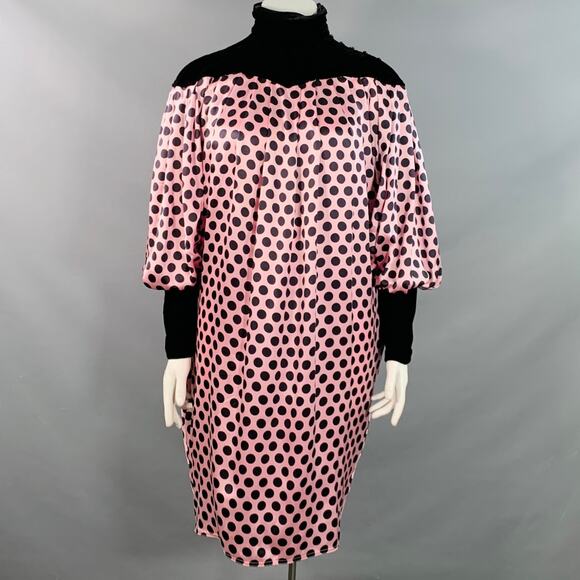 UNGARO Vintage 1980s Size L Pink Black Silk Polka Dot Turtleneck Tent Dress - Picture 1 of 8